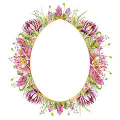 A oval frame with flowers of water lilies and wild forest grasses. Watercolor illustration on a white background