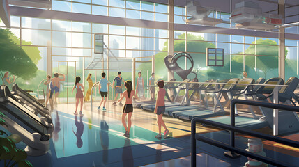 モダンで活気溢れるフィットネスセンターのイラスト No.034 | Illustration of a Modern and Vibrant Fitness Center Generative AI