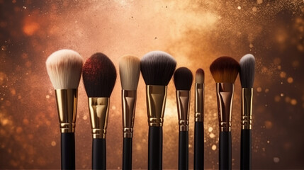 Stylish Makeup Tools. Banner with Makeup Brushes and Blank Space for Text. Beauty Accessories AI Generative.
