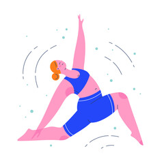 Woman character in a balancing dancing pose. Flat colorful people vector illustration.