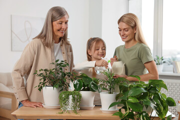 Three generations. Happy grandmother, her daughter and granddaughter watering houseplants at home