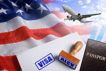 Getting visa. Double exposure of airplane in sky and USA flag