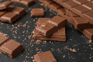 Pieces of tasty chocolate on dark table, closeup