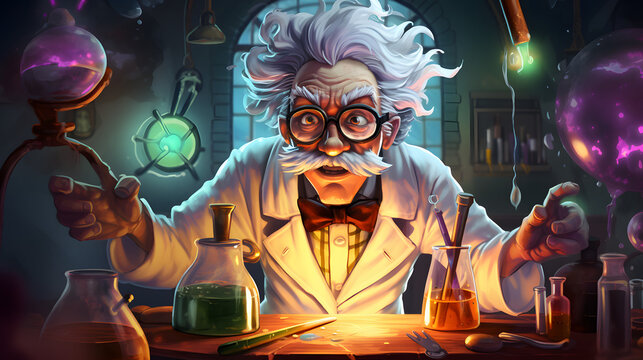 Mad scientist or crazy professor character in science lab.
