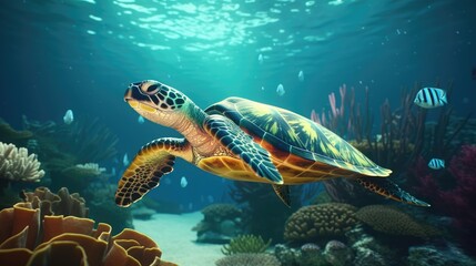 Naklejka na ściany i meble green sea turtle swimming