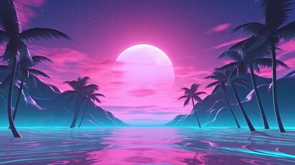 tropical island with palm trees vaporwave