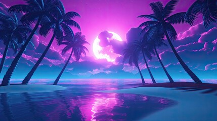 Fototapeta na wymiar tropical island with palm trees vaporwave