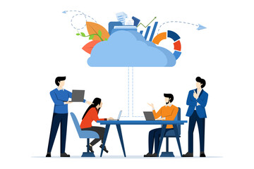 cloud storage technology concept, download tracking to cloud, data transfer folder with documents, data storage, brainstorming, teamwork vector, flat vector illustration on a white background.