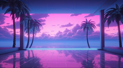 tropical sunset with palm trees vaporwave