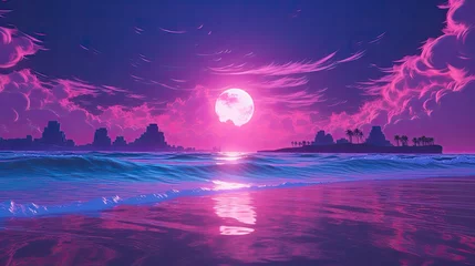 Muurstickers night landscape with moon and stars vaporwave © Vitor
