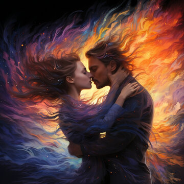Energetic embrace of soul mates immersed in tantra