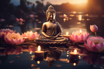 Sacred Buddha Serenity, Lotus Flowers and Candles on River for Buddha Purnima Vesak Day