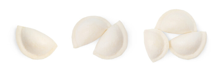 Set of raw dumplings (varenyky) with cottage cheese isolated on white, top view