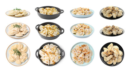 Set of tasty dumplings (varenyky) isolated on white, top and side views