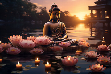 Serene Buddha statue amid lotus flowers and candles on river for Buddha Purnima Vesak Day