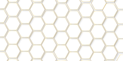 Abstract background with hexagon Background with white and gold lines 3d Hexagonal structure futuristic white background and Embossed Hexagon , honeycomb white Background ,light and shadow ,Vector. 