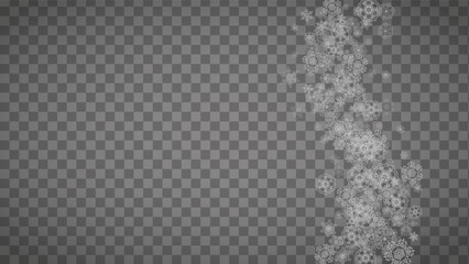 Isolated snowflakes on transparent grey background. Silver glitter snow. Horizontal Christmas and New Year design for party invitation, banner, sale. Winter window. Magic crystal isolated snowflakes