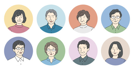 ネガティブな表情をした高齢者の丸アイコンセット