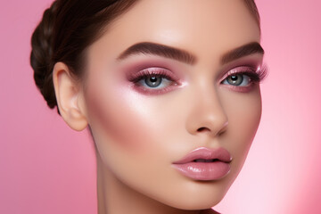 Fototapeta premium Portrait of a young beautiful woman with pink make up, healthy skin sexy lips Generative AI