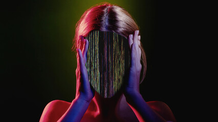 Stress anxiety. Mind control. Information overload. Red blue neon light color glitch disturbed...