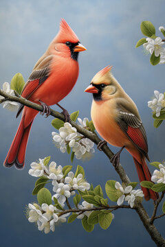 Birds feeding on flowers painting, in the style of photorealistic paintings