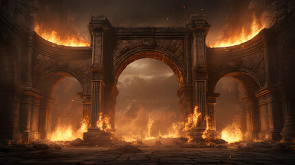 Ancient classic architecture stone arches with flames
 - obrazy, fototapety, plakaty