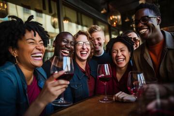 a group of friend drinking wine together at the cafe, in the style of joyful celebration