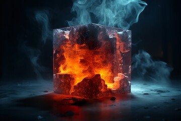 Futuristic glowing cube with smoke and be heated lava on dark room background | Generative AI