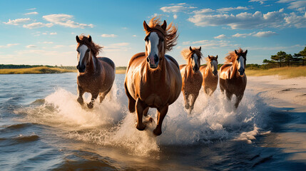 Wild horses running in the surf on a beach
