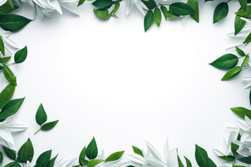 Obraz premium White background frame with many green leaves 