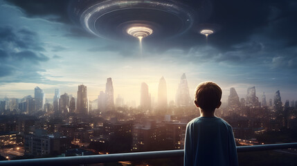 Back view of little boy looking at alien invasion, UFO flying in the sky above city, concept of evidence and sighting. 