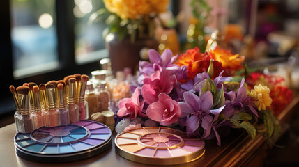 Obraz na płótnie Canvas makeup on the table with flowers