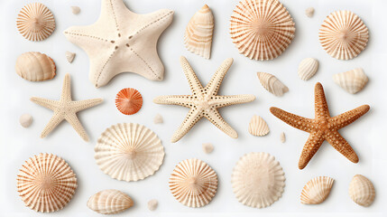  small seashells, fossil coral and sand dollars, puka shells, a sea urchin and a white starfish sea star, ocean, summer and vacation 