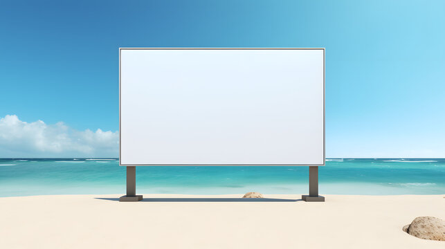 Blank billboard on the beach with sea in the background. 3d rendering
