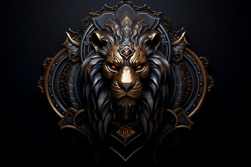 Fototapeta na wymiar Regal lion's head in ornate shield with golden accents on black background