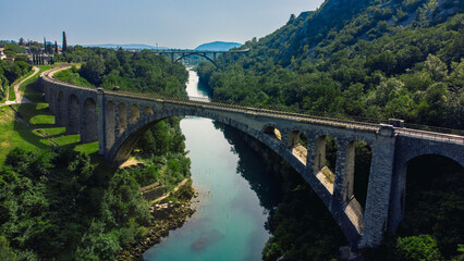 Solcan Bridge over River Soca, Slovenia. Aerial view.