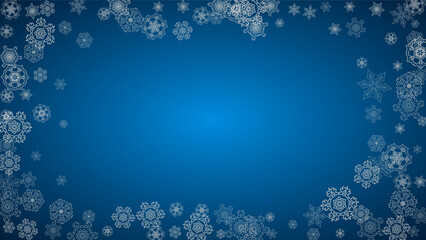 New year background with silver frosty snowflakes. Horizontal backdrop. Stylish new year background for holiday banner, card. Falling snow with sparkles and flakes for season special offers and sales.