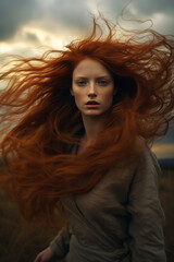 Beautiful caucasian redhead model with long windblown hair against a stormy dramatic sky, generative ai. 