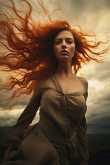 Beautiful caucasian redhead model with long windblown hair against a stormy dramatic sky, generative ai. 