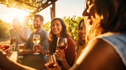 Blurred image of friends toasting wine in a vineyard in the daytime outdoors. Happy friends having fun outdoors. Young people enjoying harvest time together outdoors in countryside in a vineyard. ai - obrazy, fototapety, plakaty