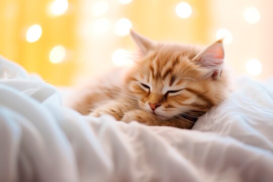Cute baby kitten sleeping over white blanket