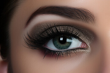 Female eye with bronze make-up, eye with long eyelashes close-up Generative AI