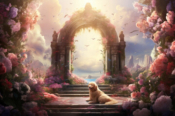 Rainbow Bridge Retreat, A Serene Afterlife Haven for Beloved Pets in an Ethereal Garden - obrazy, fototapety, plakaty