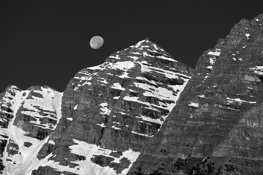 Moon Over The Mountain Peaks Black and White