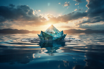 Mystical Journey, Faith and Belief Navigate the Paper Boat of Earth in Vast Ocean