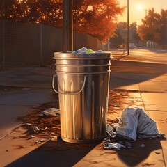 Big full garbage can in the street with trash around it on sunset. Metal garbage container with unsorted trash.  Rubbish and trash bags lying around dump. - obrazy, fototapety, plakaty
