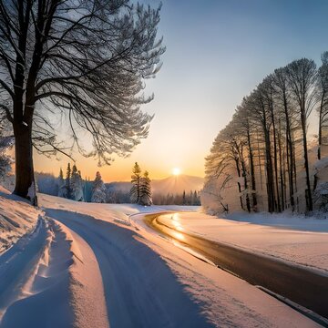 Amidst the serene winter landscape, trees adorned with snow, roads winding through the scenery, and the sky bathed in sunlight create a breathtaking and picturesque view.
