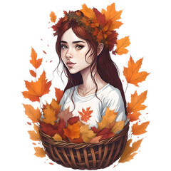 Naklejka na ściany i meble Watercolor Autumn Girl PNG Can be used for the logo, t-shirt design, posters, banners, greetings, print design, generative ai 