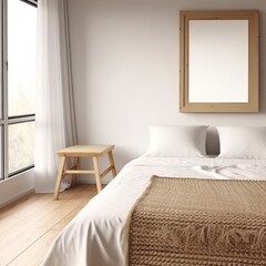 Fototapeta na wymiar Coastal boho bedroom interior with frame mockup, 3D render. Created with Generative AI technology