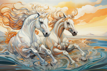 Obraz na płótnie Canvas A painting of horses running on the clean under a light sky
